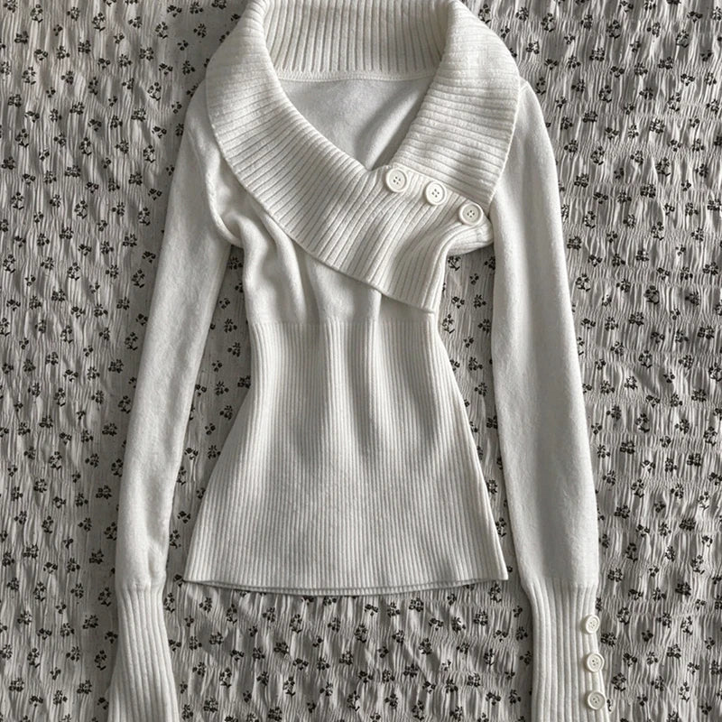 Cyflymder  Y2K Women Asymmetrical Shawl Collar Knit Sweater Button Decor Slim Fit Long Sleeve Ribbed Knitwear Aesthetics Casual Pullover