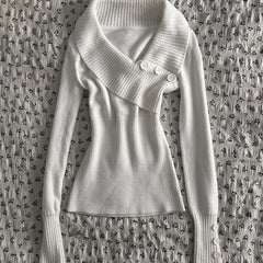 Cyflymder  Y2K Women Asymmetrical Shawl Collar Knit Sweater Button Decor Slim Fit Long Sleeve Ribbed Knitwear Aesthetics Casual Pullover