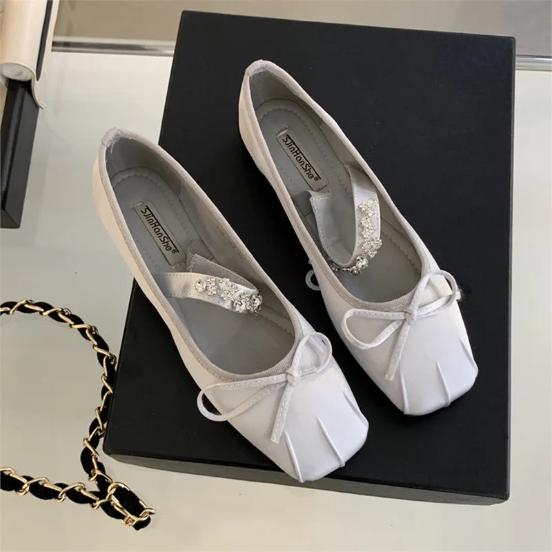 Cyflymder  Summer Shoes Ladies Female Footwear Crystal Casual Sneaker Bow-Knot Shallow Mouth Ballerinas Woman 2025 Square Toe Dress Rhinest