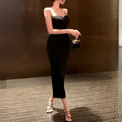 Cyflymder  Women's Clothing French Style Red Slip Long Dress Temperament Summer New Backless Solid Color Slim Fashion Split Bag Hip Dresses