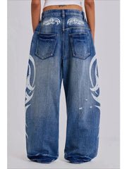 Cyflymder  Vintage Y2k Ripped Jeans Women Harajuku Print Blue Baggy Distressed Denim Trousers Hip Hop Grunge Streetwear Wide Jeans