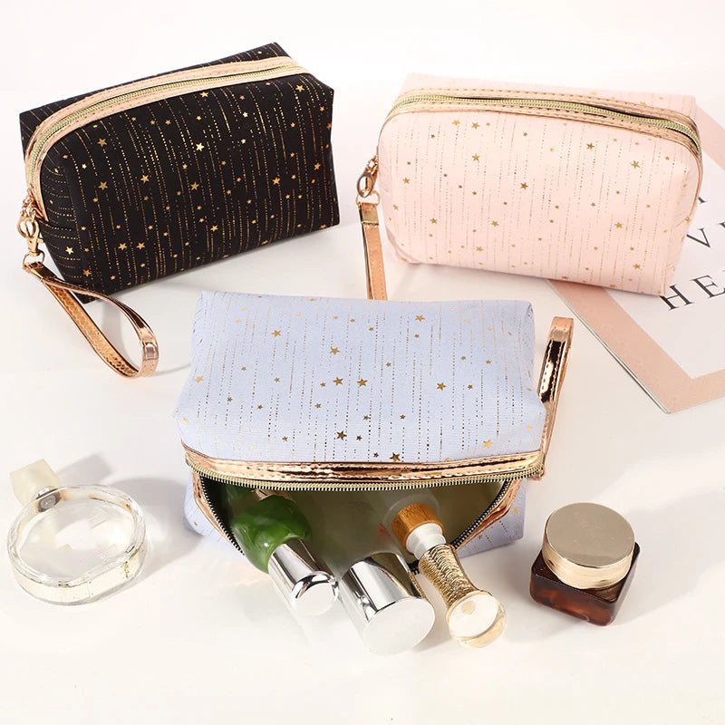 Cyflymder Cosmetic Bag Women Make Up Bag Bling Stars Pouch Wash Toiletry Bag Travel Ladies Makeup Bag Tampon Holder Organizer Bags