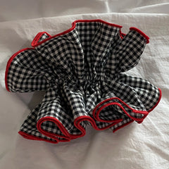 Cyflymder  1PC Black And White Gingham Hair Scrunchie With Red Trim, Large Voluminous Hair Tie, Stylish Hair Accessory For Women