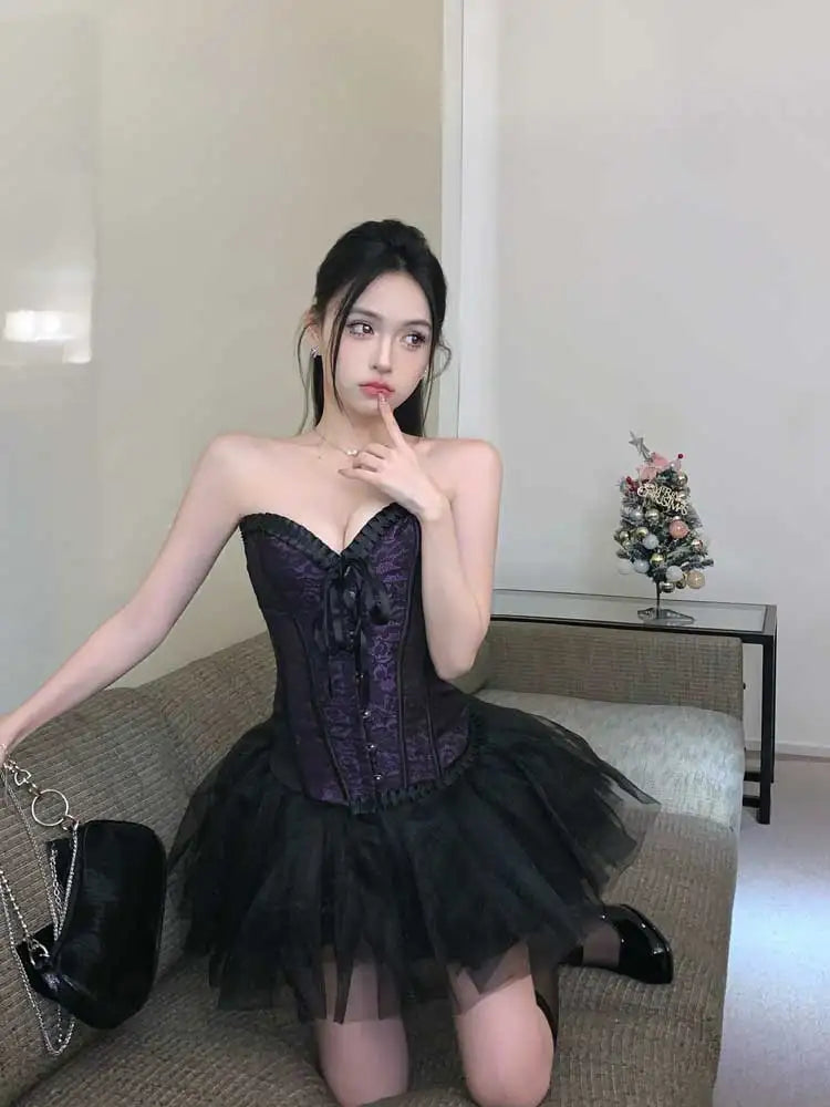 Cyflymder DRESS TO IMPRESS Overbust Corset Tulle Tutu Women 2-piece Set Hooks & Eyes Boned Lace-up Textured Tube Top Puffy Miniskirt Goth Outfits