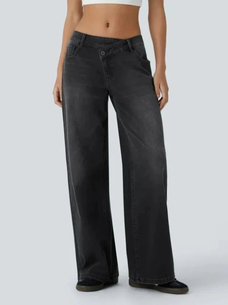 Cyflymder  Blue Asymmetrical Women Jeans Vintage Washed Wide Leg Straight Denim Pants Black Baggy High Waist Basic Trousers Casual