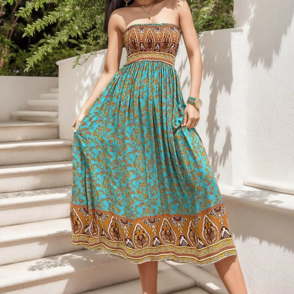 Cyflymder  Women Summer Boho Dress Ethnic Style Strapless High Waist A-Line Maxi Dress Floral High Waist Backless Off Shoulder Beach Dress