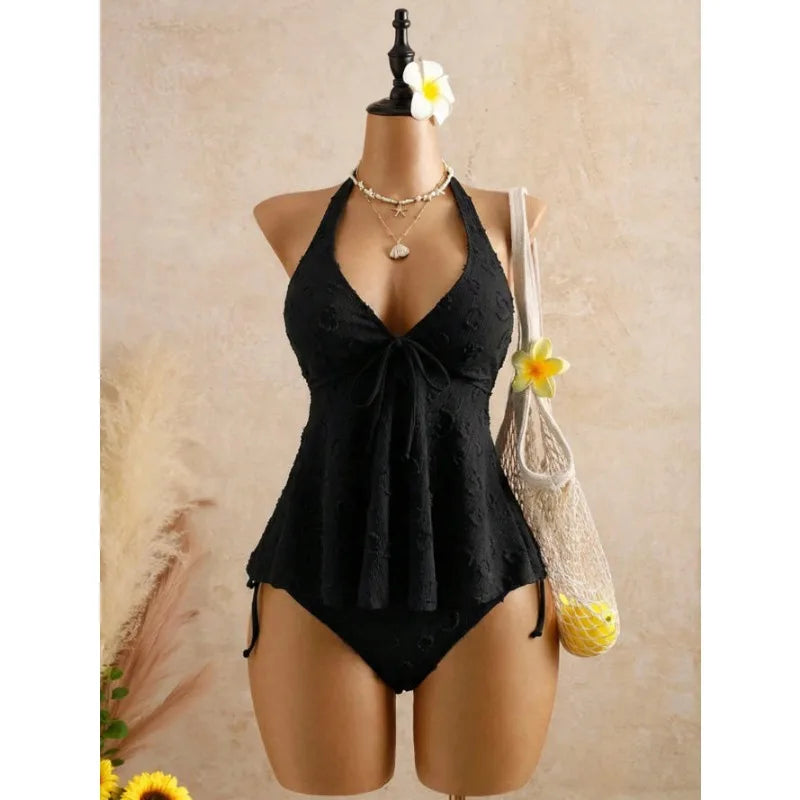 Cyflymder   Women's Chic Solid Color Jacquard Swimwear V Neck Halter Backless Lace Up Bikini Set Split Bathing Suit New Sexy Beachwear