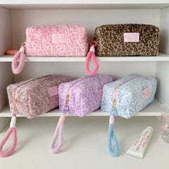 Cyflymder  Girly Leopard Print Plush Makeup Bag Portable Pencil Ballpoint Pen Pouch Student Cosmetic Carry Case