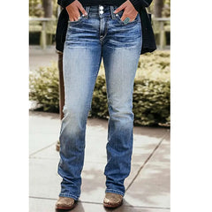 Cyflymder  [Timeless Charm] Ladies Retro Slim-fit Bootcut Flared Jeans, Stretch Denim, Classic Blue with Button Front Details