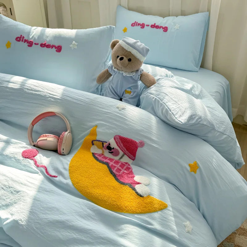 Cyflymder  New Cartoon Embroidery Bed Sets Super Soft and Cute Bedding Set for Kids Adults Comforter Cover Kit for Single and Double
