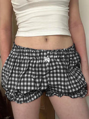 Cyflymder  Holiday Sweet Bow Plaid Shorts Preppy Style Casual Loose Low-Waisted Shorts Women 2025 Summer Fashion Streetwear Ladies