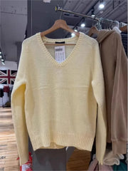 Cyflymder  Yellow Sweater Woman Spring Casual Sweet V-neck Long Sleeve Knitted Pullover Cute Simple Preppy Style Sweaters Chic Y2k Jumpers
