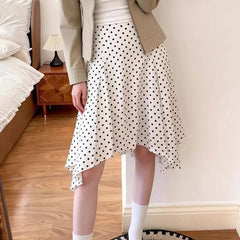 Cyflymder  Irregular Vintage Korean Polka Dot Skirts Spring Summer A-Line Basic Female Clothing High Waist Fashionable Folds Knee Skirts