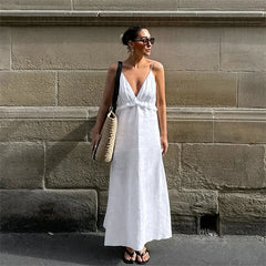 Cyflymder  Sexy Deep V-Neck White Suspender Dress Women Fashion Ruffle Folds Long Robe Spring Summer New Beach Holiday Casual Loose Dress
