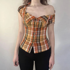 Cyflymder  French Lapel Lace-up Breasted Plaid Shirt Waist Slim-fitting Short-sleeved Top Women
