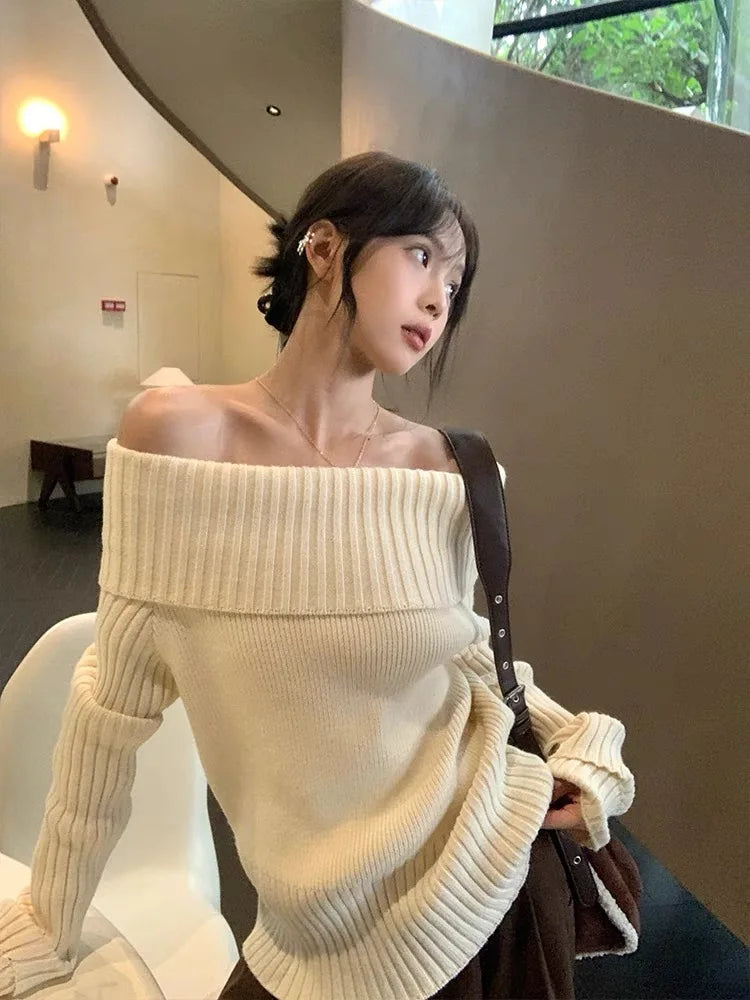 Cyflymder comfy outfits winter Vintage Off Shoulder Sweater Women Solid Elegant Sexy Knitwear Long Sleeve Jumper Slash Neck Causal Harajuku Pullovers