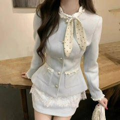 Cyflymder  Autumn Winter Korean Style Vintage Elegant 2 Piece Set Women Sweet Bow Woolen Short Jacket Lace Mini Skirt Suit Y2k Slim Outfitn