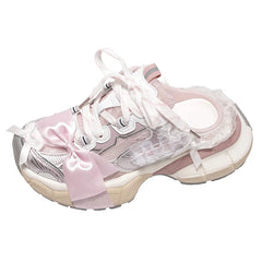 Cyflymder   Women Y2K Kawaii Platform Mule Sneakers Sweet Lace Satin Bowknot Chunky Thick Sole Slip On Backless Dad Shoes Harajuku Lolita