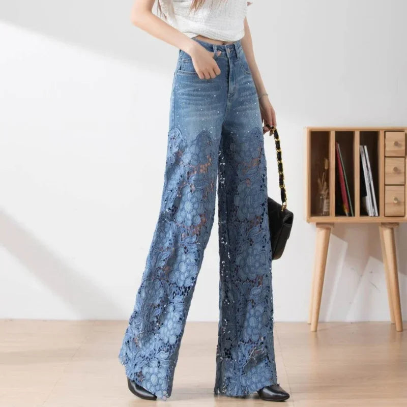 Cyflymder  Fashion Elegant Jeans for Women High Waist Lace Patchwork Pantalones Hollow Out Oversized Spring Casual Loose All Match Pants