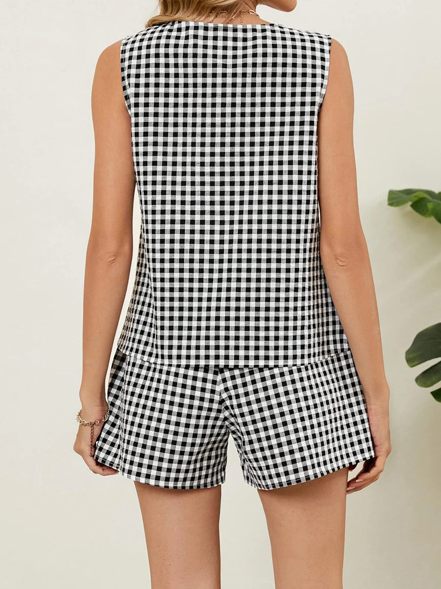 Cyflymder  Stylish Women s 2-Piece Set with Plaid Print V-Neck Tank Top and Elastic Shorts Perfect for Club and Streetwear Fashion