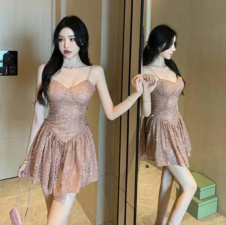 Cyflymder  Sexy Suspender Shiny Sequin Skirt Waist Slimming and Pleated Dress