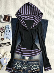 Cyflymder  Fake Two-Piece Long Sleeved Shirt With Retro Stripes Y2K Hoodie High Street Gothic Button V-Neck Slim Fit T-Shirt Garbage Street