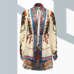 Cyflymder  Bohemia Floral Printed Elegant Women Dress Lace Up Vintage Lantern Sleeve High Waist Autumn Holiday Mini Dress Ethnic Vestidos