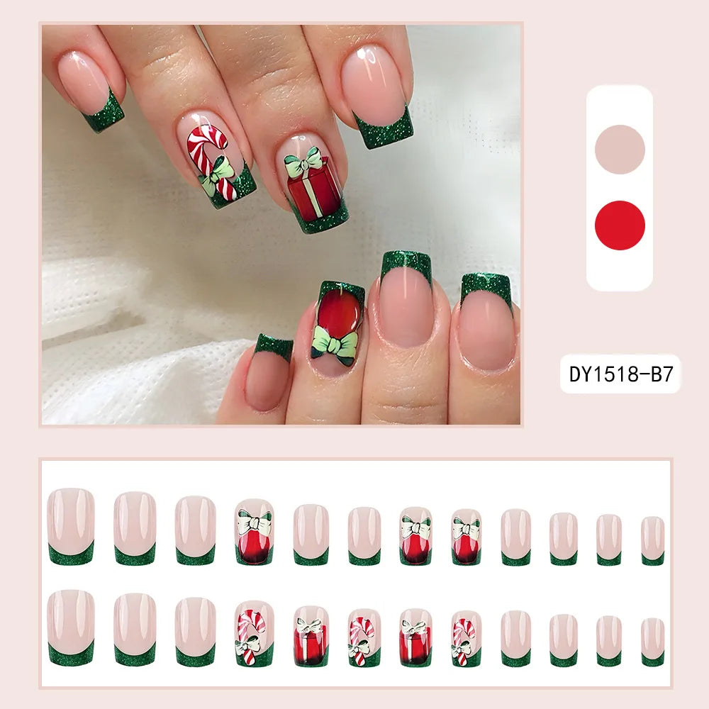 Cyflymder 24pcs Christmas Holiday Themed Medium Square Fake Nails Pink Red & Green Glossy Press-On Nails Set Reusable Fake Nails for Women