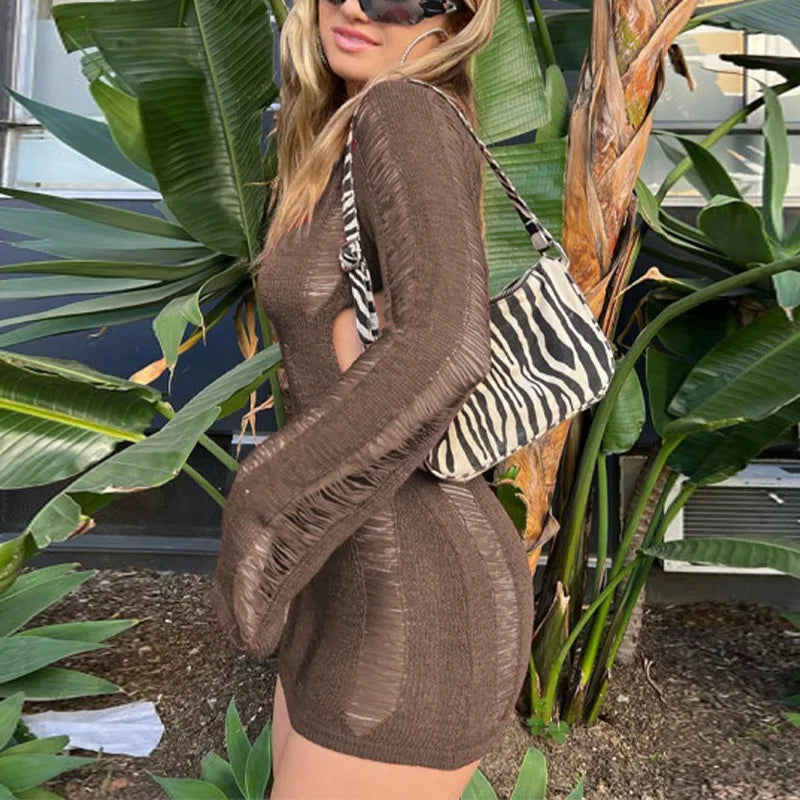 Cyflymder  Sexy Women Backless Knitted Mini Dress Crochet Knit Hollow Out Sundress Long Sleeve Drawstring Tie Up Dress Beach Clubwear Dress