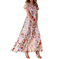 Cyflymder  Women's Summer Casual Short Sleeve V-neck Elegant Maxi Dress Floral Printed Wedding Guest Chiffon Flowing Vacation Beach Dresses