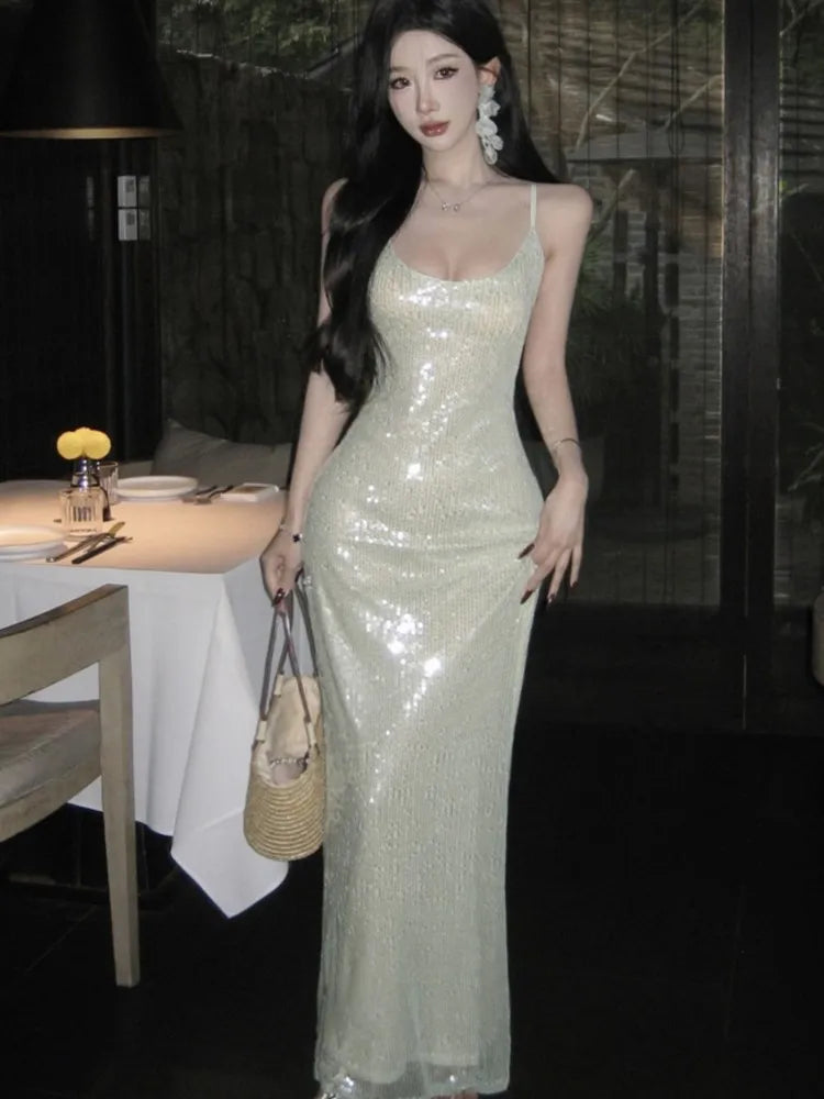 Cyflymder  Sexy Green Spaghetti Strap Evening Dresses Elegant Backless Sleeveless Slim Party Prom Casual Vestidos Long Robe Female Clothing