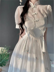 Cyflymder  Dress Sets Summer Women Chinese Style Floral Hight Waist Mesh Midi Dresses Elegant Casual Gentle Wind Female Dress Vestidos