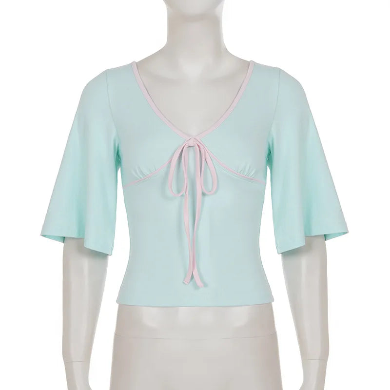 Cyflymder  Color Block Lace-up Women Crop Tops V Neck Half Bell Sleeve Slim Fashion Pullover T-shirts Streetwear Summer Casual Tees