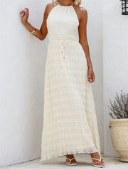 Cyflymder  Elegant V-Neck Maxi Dress with Ruffle Detail and Adjustable Waist Tie Sleeveless Summer Beach Dress for Women