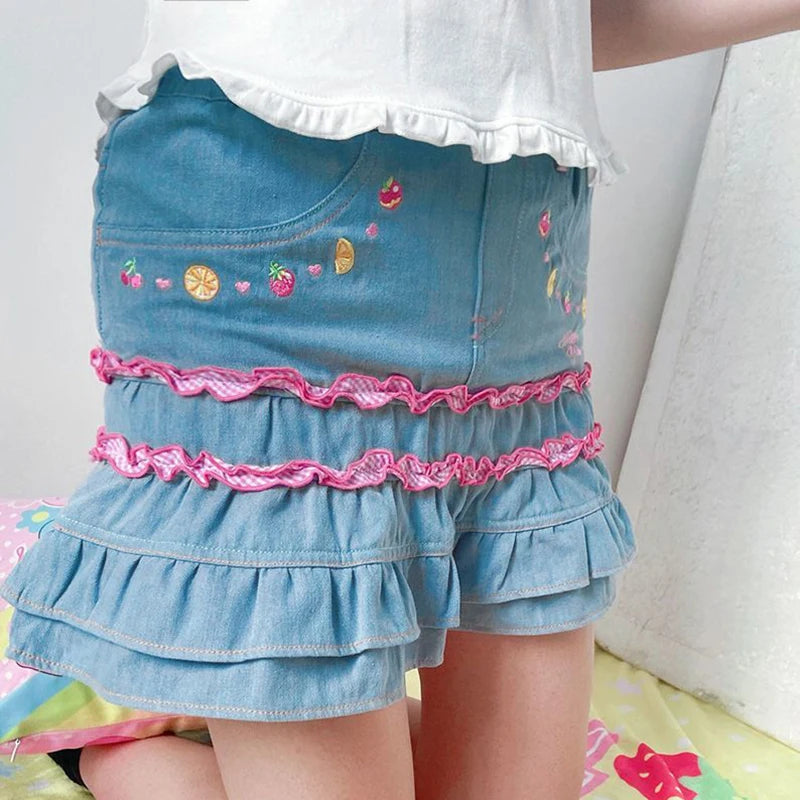 Cyflymder  Japanese Sweet Lolita Style Mini Denim Skirt Women Kawaii Embroidery Ruffles Cake Skirts Summer Female Fashion Y2K Party Skirts