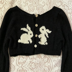 Cyflymder  Y2K retro women's cropped knit cardigan black cropped knit white rabbit embroidery button-down round neck street style autumn