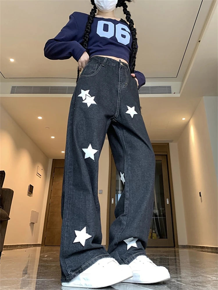 Cyflymder  Women's White Star Print Wide Leg Black Jeans Cool Girl Streetwear Fashion High Waist Pant Female Straight Design Trousers