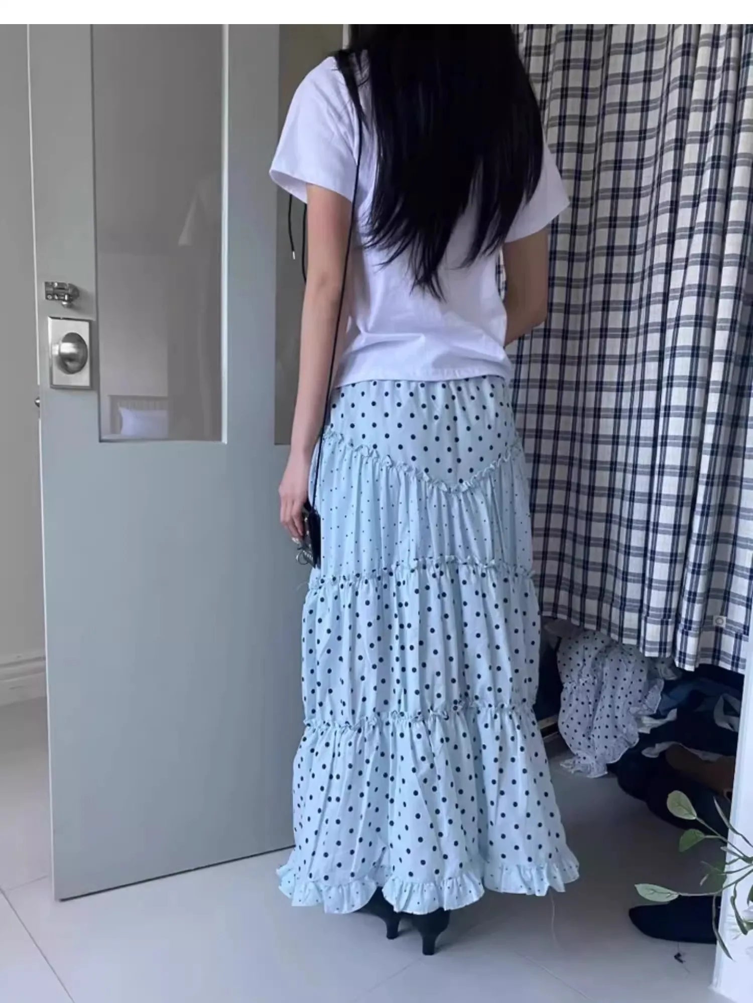 Cyflymder  Oxygen Girl Retro Polka Dot f-length Skirt with Pleated Lace Elastic Waist A-line Mid-length Commute Sle Summer 2025