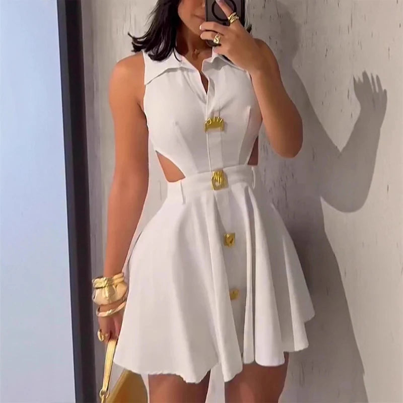 Cyflymder  Women's Casual Sleeveless Hollow Mini Dress Elegant Metal Buckle Pleat Short Dress Fashion Lapel Collar Waist Solid A-Line Dress