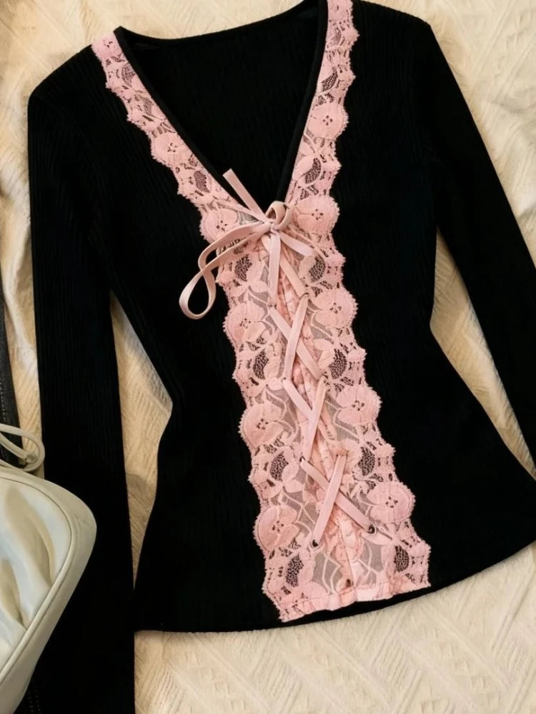 Cyflymder   Lace Black Retro Clothes Female Tees Y2k Vintage Hot Girl Slim Long Sleeve T-Shirts Women High Street Gothic Patchwork Tops