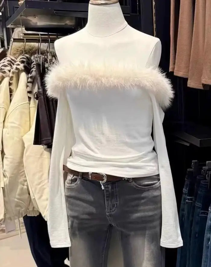 Cyflymder  Fur Collar Slash Neck T-shirt Women Spring Chic Streetwear Cotton Slim Long Sleeve Tees Sweet Sexy Cute T-shirts Y2K