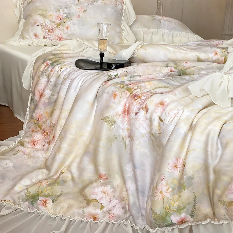 Cyflymder  Flower Prints Lace Ruffles Princess Bedding Set Lyocell Bamboo Fiber Soft Silky Cool Feeling Duvet Cover Bed Sheet Pillowcases
