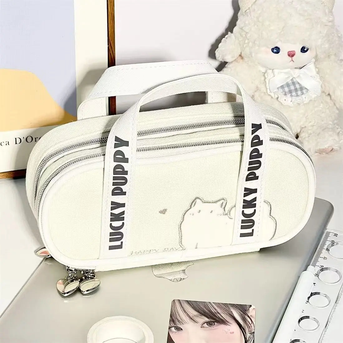 Cyflymder  1 Piece Cute Simplicity Kitten Pencil Case for Kids Beige Color Cat Puppy Pencil Pouch Large Capacity Stationery Storage Bag