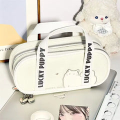 Cyflymder  1 Piece Cute Simplicity Kitten Pencil Case for Kids Beige Color Cat Puppy Pencil Pouch Large Capacity Stationery Storage Bag