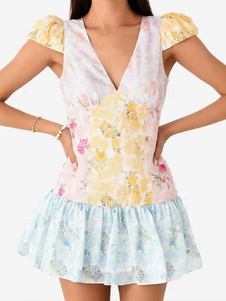 Cyflymder  floral short sleeve dress women ruffled mini summer dress cute ladies dresses bow tied front sexy dress for women