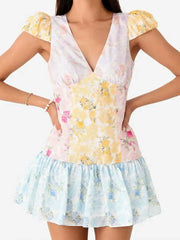 Cyflymder  floral short sleeve dress women ruffled mini summer dress cute ladies dresses bow tied front sexy dress for women