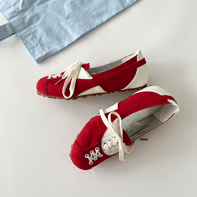 Cyflymder  Korean Style Women's Ballet Slippers 2025 Autumn New Design Sensibility Flat Bottom Tied Shoes Adult Color Block Style