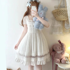 Cyflymder Sweet Elegant Lolita Mini Dress Women Japanese Kawaii Cute Lace Square Neck Fairy Dresses Korean Summer Party Princess Dresses