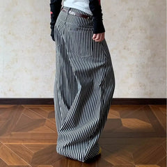 Cyflymder   Fashion Low Waist Striped Casual Pants Women Loose Straight Wide-leg Pants Trousers