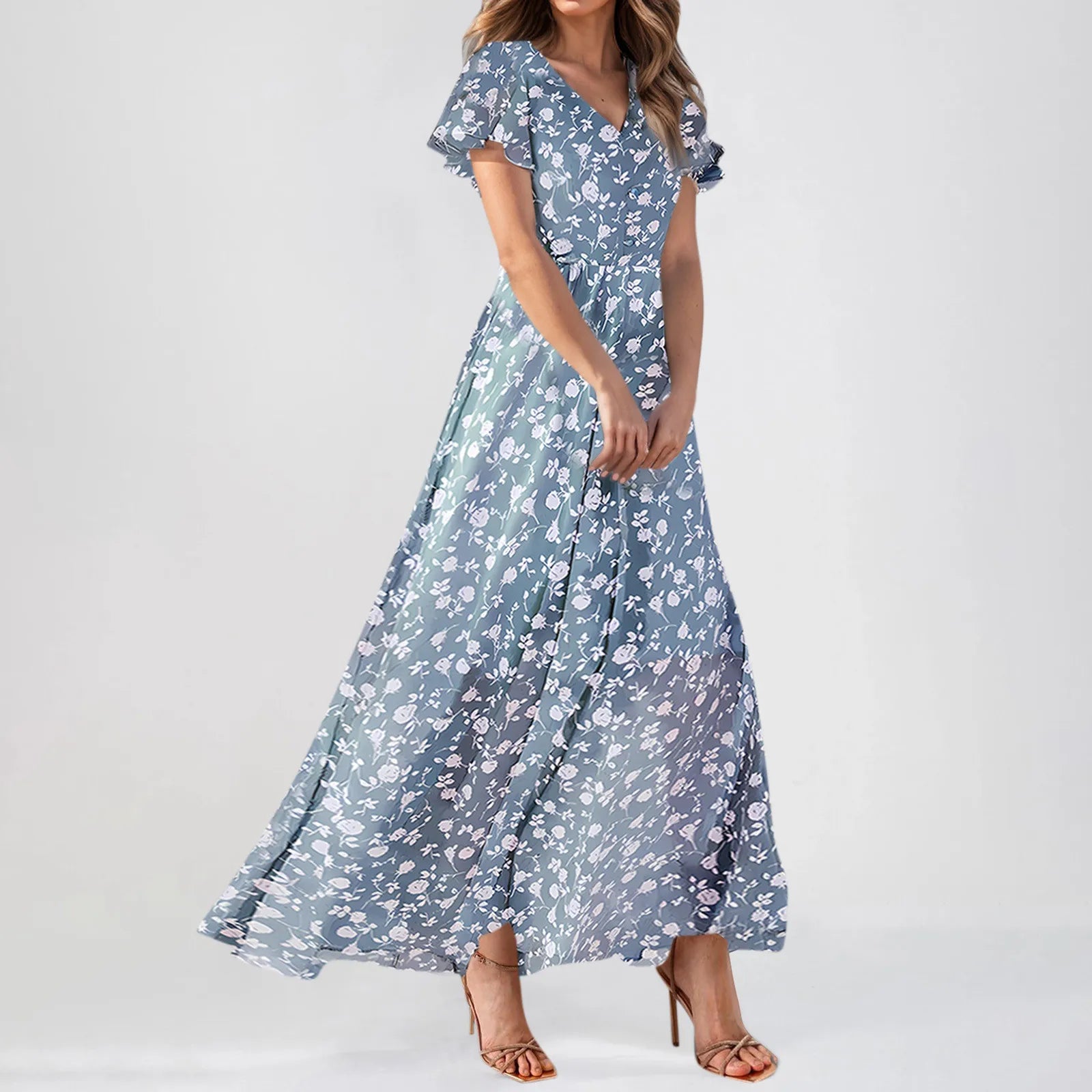 Cyflymder  Women V-neck Ruffle Short Sleeve Maxi Dress Waist Tight High-waist Hem Sweet Floral Print Elegant Dress Female Clothing Vestidos